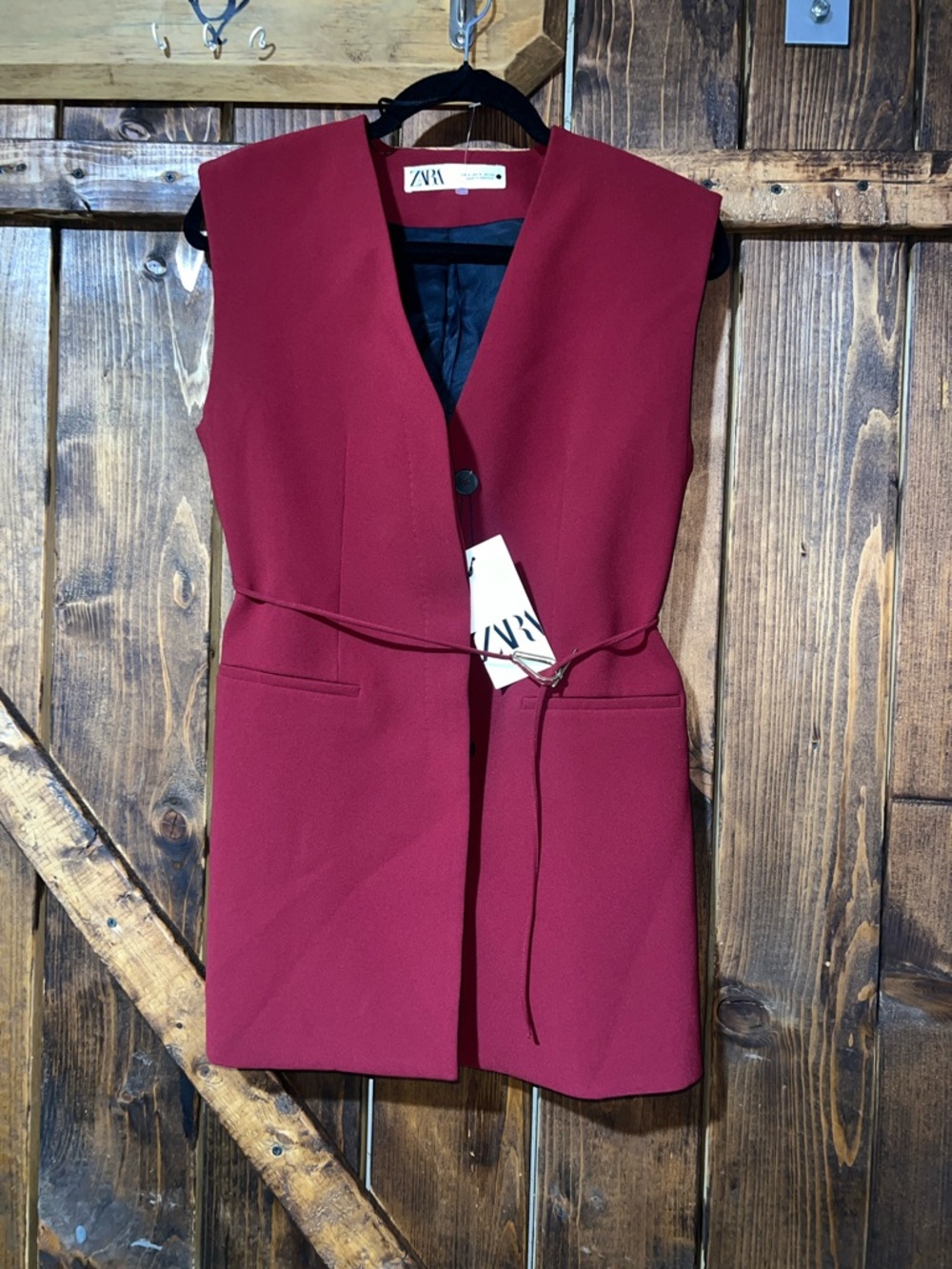 Zara Sleeveless Belted Vest in Wine Red